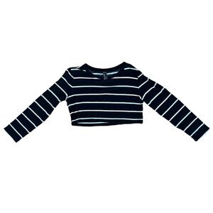 Forever 21 Women’s Black Long Sleeved Cropped Top with White and Beige Stripes